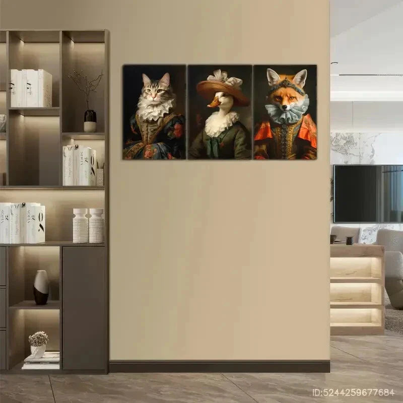 3pcs Elegant Renaissance Attire Animal Paintings Metal Print Ready to Hang Art