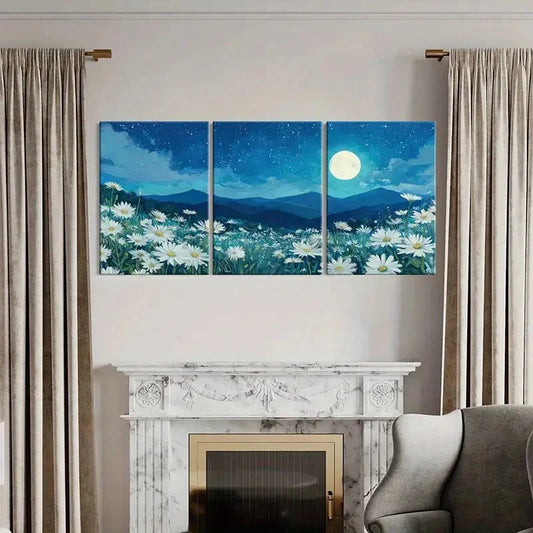 3pcs White Daisies, Starry Sky Mountain Silhouette Metal Print Ready to Hang Art