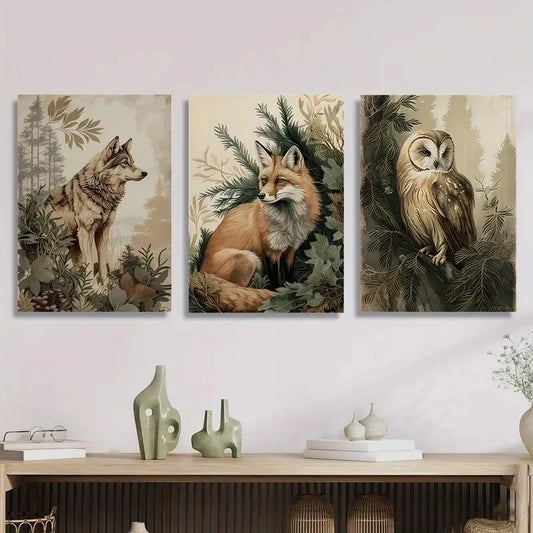 3pcs wolf fox owl, natural aesthetic Metal Print Ready to Hang Art
