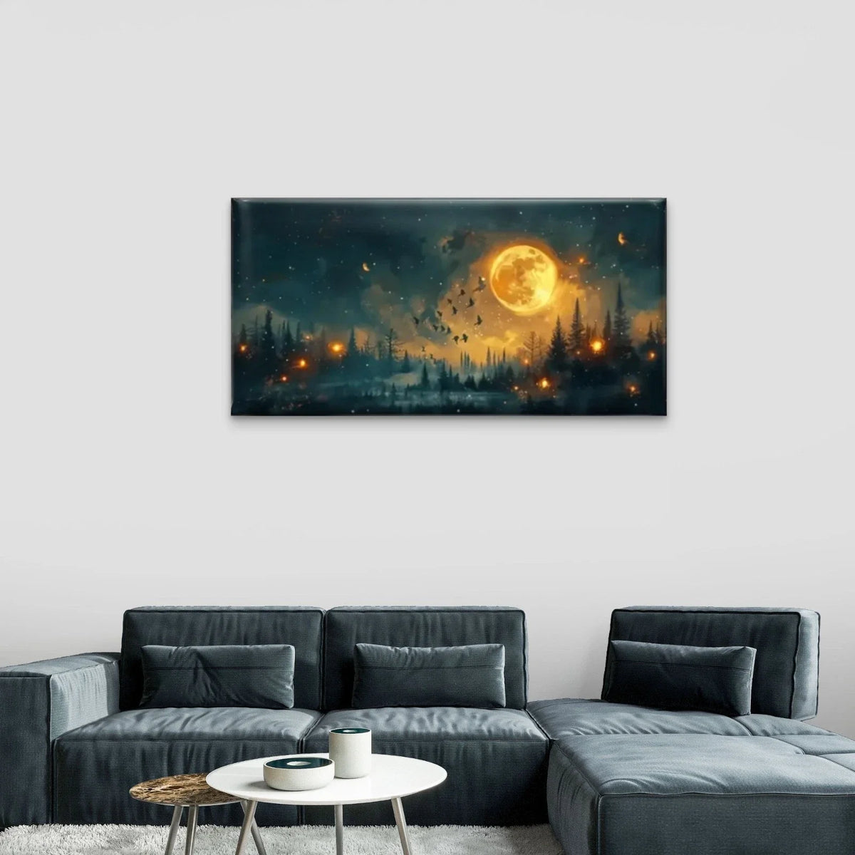 Full Moon Forest Night Wall Art Canvas Office Home Room Framed 80x45cm