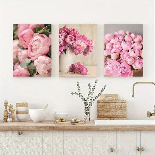 3pcs Pink Peony & Hydrangea Florals Design Metal Print Ready to Hang Art