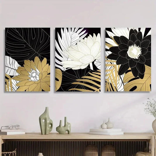 3pcs Fashionable Lotus & Tropical Leaves, Metal Print Ready to Hang Art