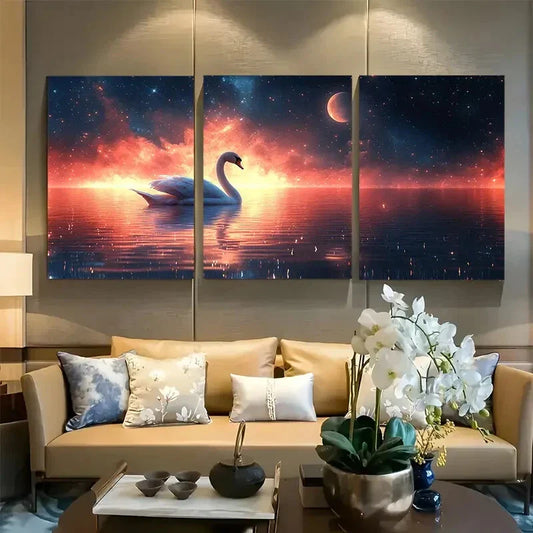 3pcs Swan on the Lake Magical Starry Night Metal Print Ready to Hang Art