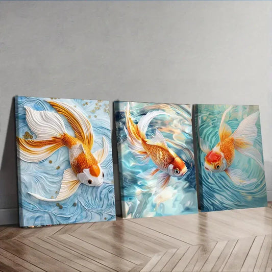 3pcs Set Golden Koi Fish Colorful Orange Perfect Wall Wall Art Set Canvas Framed 40x60cm - High Quality Print 100% Australian Made Wall Canvas Ready to Hang