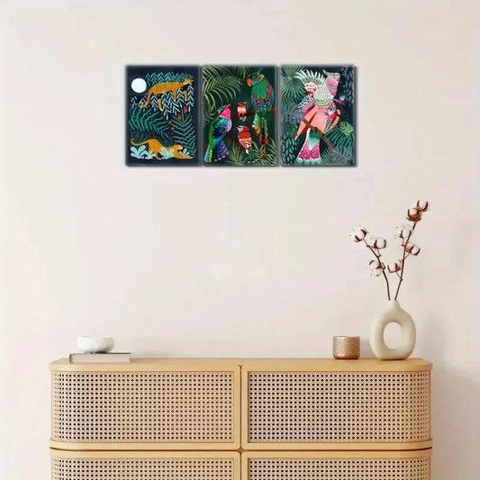 3pcs Parrot Decorative Poster Colorful Plants Metal Print Ready to Hang Art