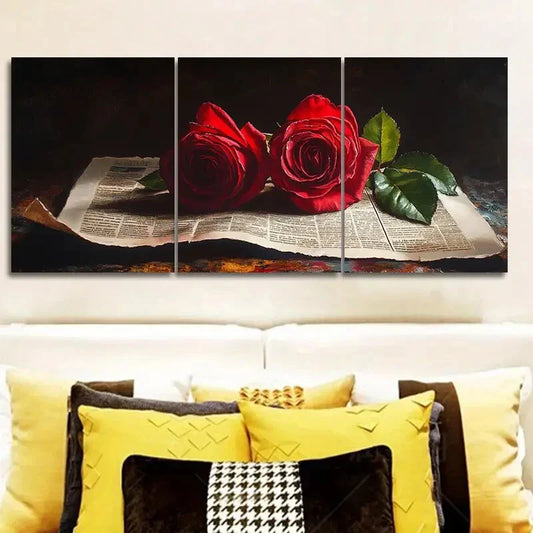 3pcs Red Roses on Vintage Newspaper Wall Art Set Canvas Framed 40x60cm - High Quality Print 100% Australian Made Wall Canvas Ready to Hang