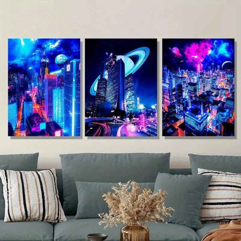 3pcs Sci-Fi City Night Scene with Neon Colors Metal Print Ready to Hang Art