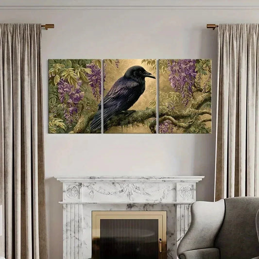 3pcs Black Bird Purple Flowers & Branch Design Metal Print Ready to Hang Art