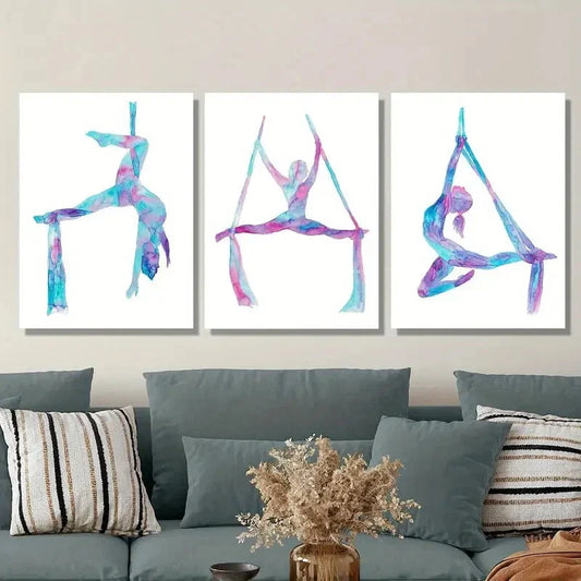 3pcs Aerial lady silk art silk yoga silhouette Metal Print Ready to Hang Art