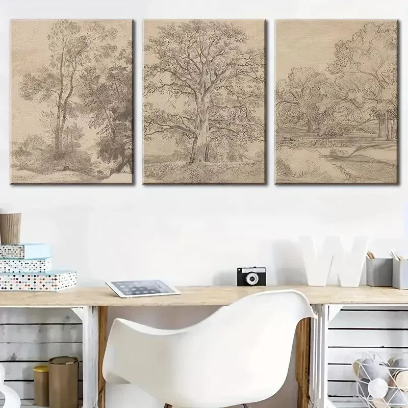 3pcs Simple Style trees, sketch retro Paint Wall Art Set Canvas Framed 40x60cm - High Quality Print 100% Australian Made Wall Canvas Ready to Hang