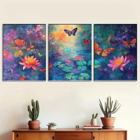 3pcs Watercolor Vibrant Butterfly And for Lotus Metal Print Ready to Hang Art