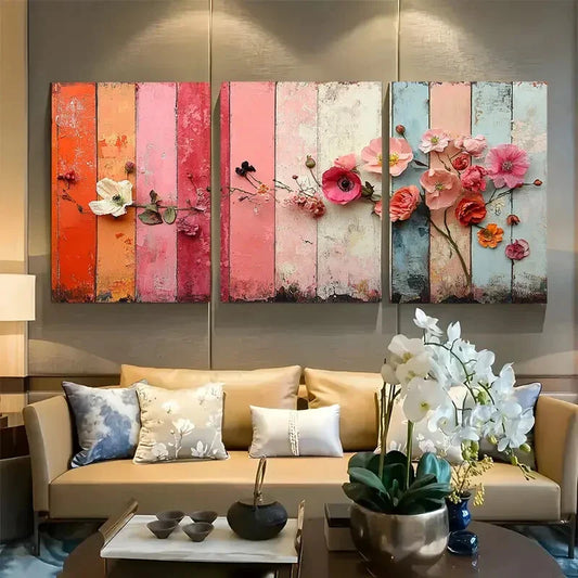 3pcs Rustic Cottagecore in Pink and Peach Hues Metal Print Ready to Hang Art