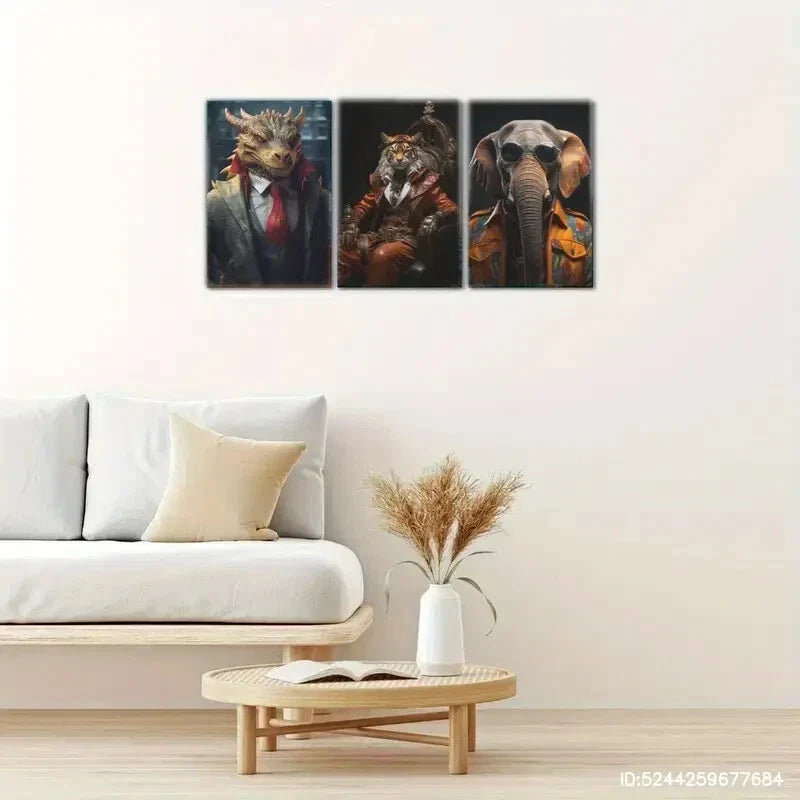 3pcs Modern Dragon Tiger & Elephant Portraits Metal Print Ready to Hang Art