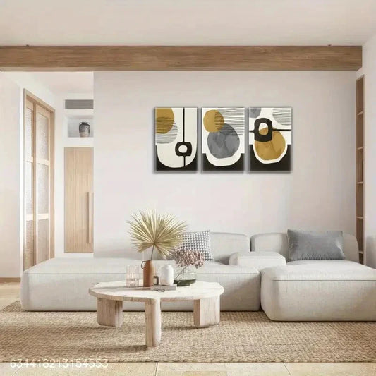 3pcs Geometric Black & White Patterns with Golden Metal Print Ready to Hang Art