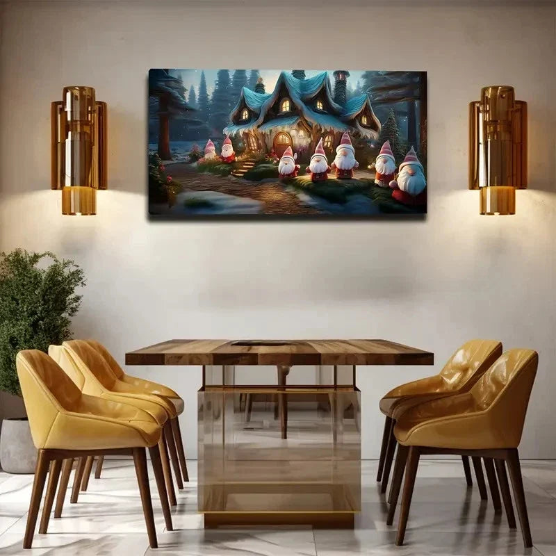 Mushroom Houses And Gnomes Wall Art Canvas Office Home Room Framed 80x45cm