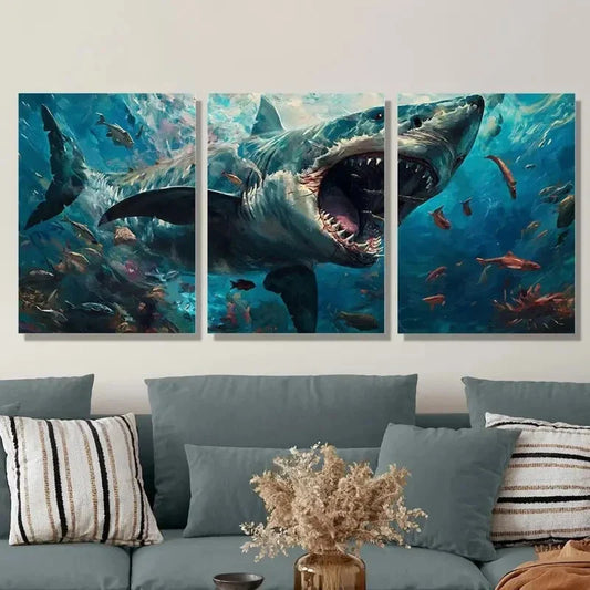 3pcs Great White Shark Canvas Animal Wall Art Set Canvas Framed 40x60cm - High Quality Print 100% Australian Made Wall Canvas Ready to Hang