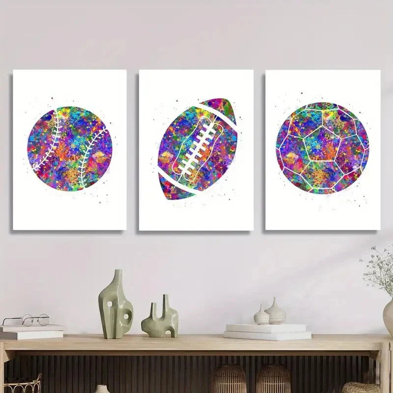 3pcs Watercolor Rainbow Football Art Metal Print Ready to Hang Art