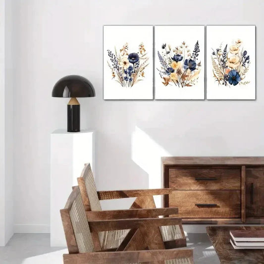 3pcs Dried Flower Prints Navy Blue Brown Metal Print Ready to Hang Art