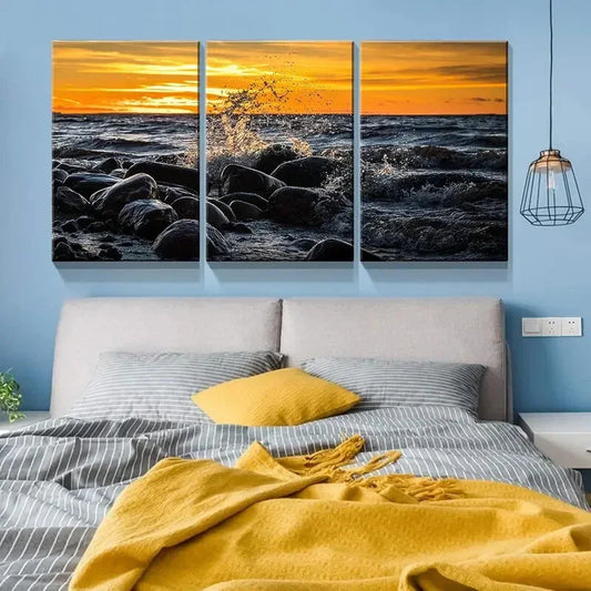 3pcs Sea and Stones in The Sunset Metal Print Ready to Hang Art