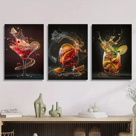 3pcs ,Vibrant Beverage Artwork Metal Print Ready to Hang Art