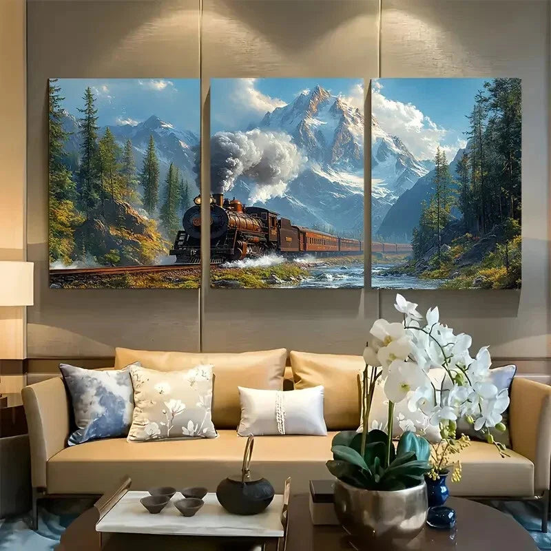 3pcs Steampunk Train In The Mountains Metal Print Ready to Hang Art