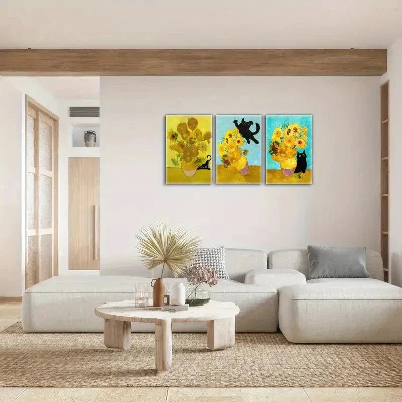 3pcs Sunflower & Cat Decorative Oil Painting Metal Print Ready to Hang Art