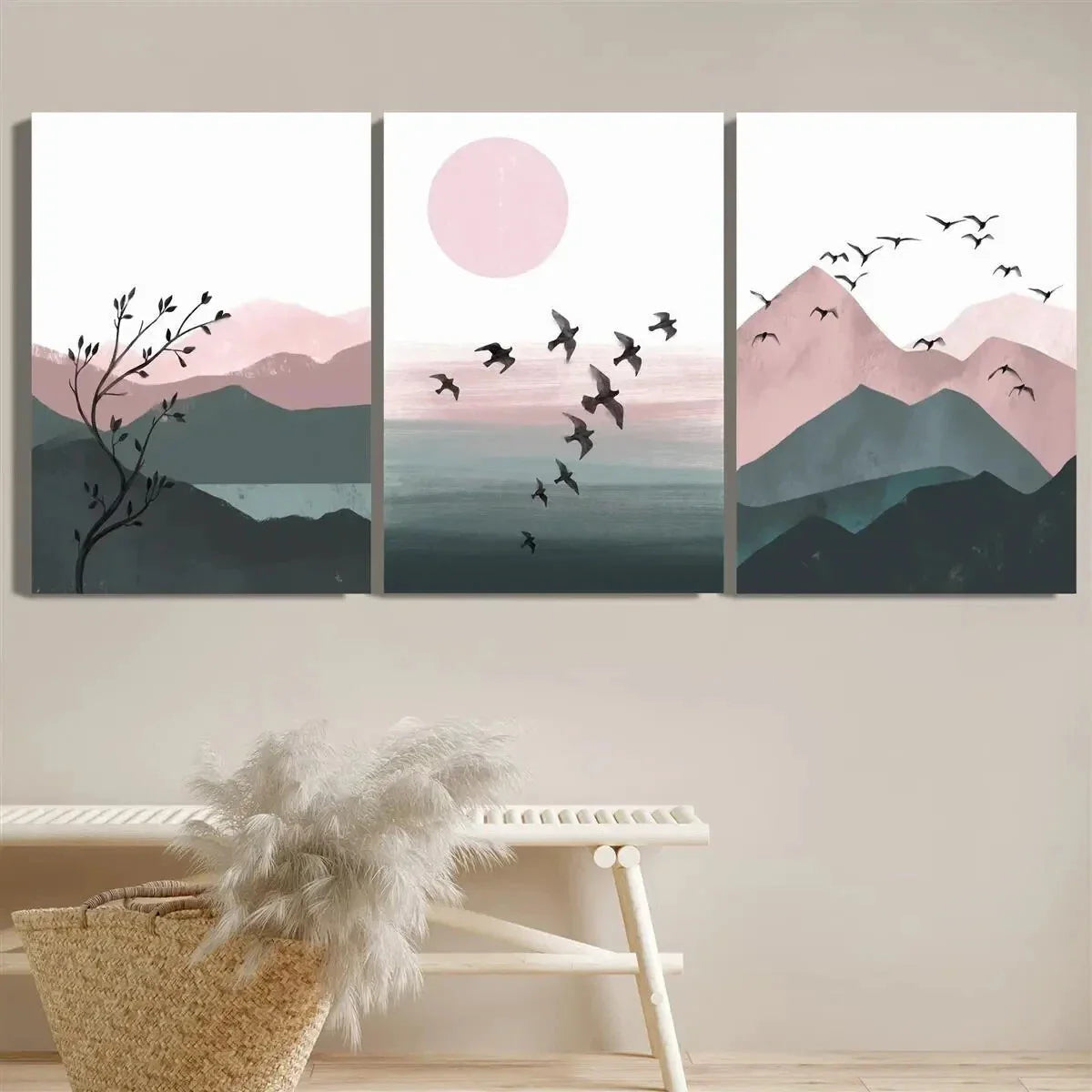 3pcs Mountain, Lake and Forest Prints with Birds Metal Print Ready to Hang Art