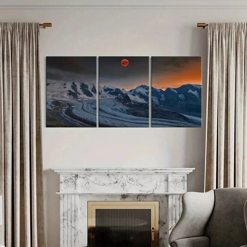 3pcs Red Moon, Snow Mountains Metal Print Ready to Hang Art