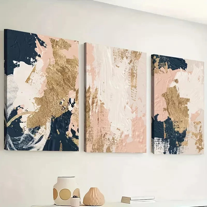 3pcs Modern abstract fashion Gold Pink Blue Wall Art Set Canvas Framed 40x60cm - High Quality Print 100% Australian Made Wall Canvas Ready to Hang