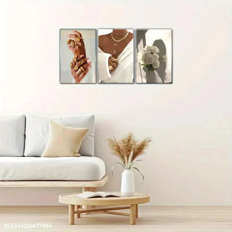 3pcs Expression White Bouquet Female Portrait Metal Print Ready to Hang Art