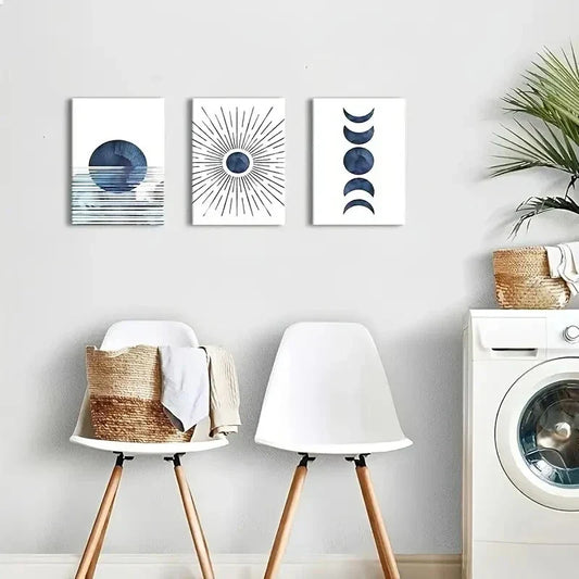 3pcs Blue Bohemian Designs Sun And Moon, Metal Print Ready to Hang Art