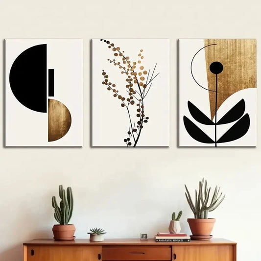 3pcs Minimalist Geometric with Black, Brown & Gold Metal Print Ready to Hang Art
