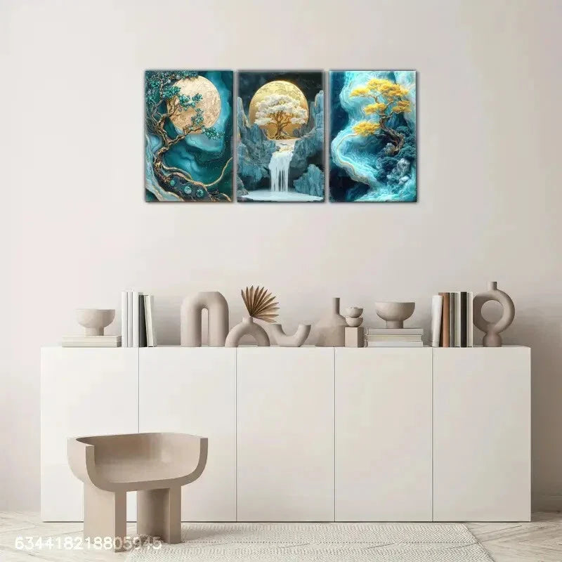 3pcs Golden Tree and Moon, Golden Moon Metal Print Ready to Hang Art