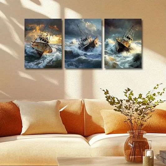 3pcs Dramatic Fishing Boat Scenes in Stormy Seas Metal Print Ready to Hang Art