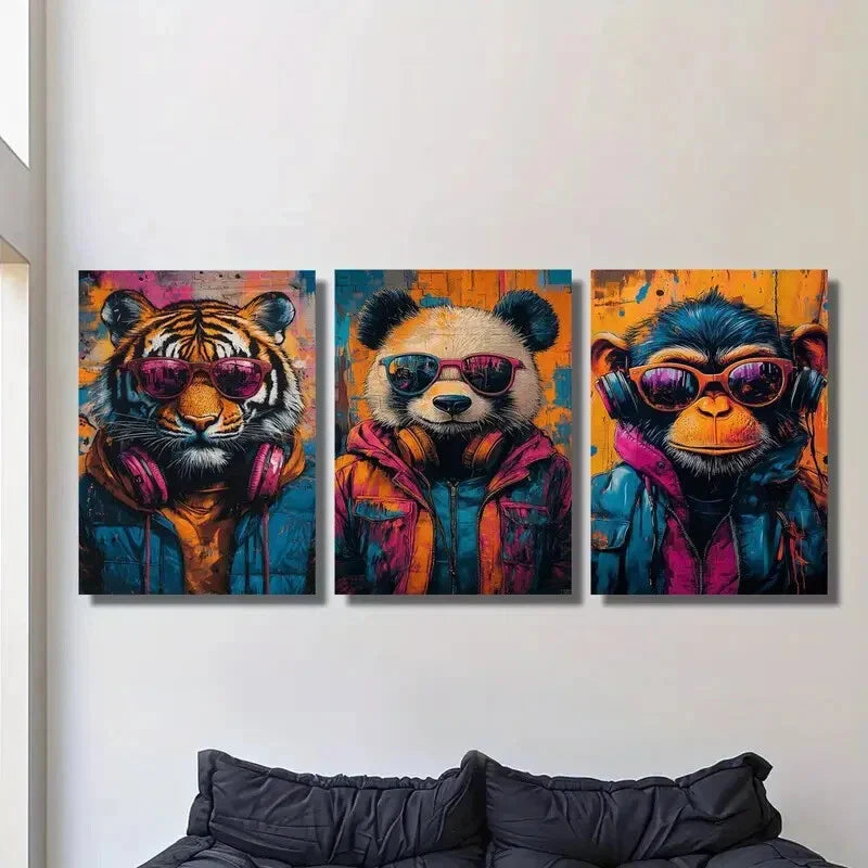 3pcs Animals Wearing Glasses Tiger Panda & Gorila Metal Print Ready to Hang Art