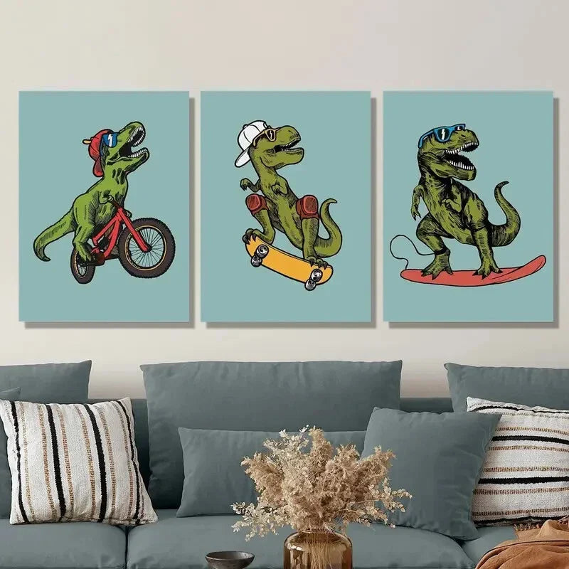 3pcs Sports Tyrannosaurus Rex, Funny and cute Metal Print Ready to Hang Art