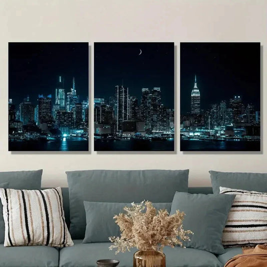 3pcs Cityscape, Night, Moon, Skyscrapers Metal Print Ready to Hang Art
