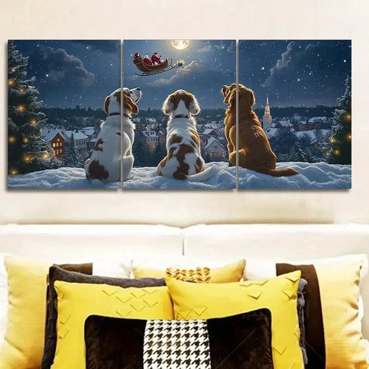 3pcs The dog looks at Santa Claus Wall Art Set Canvas Framed 40x60cm - High Quality Print 100% Australian Made Wall Canvas Ready to Hang