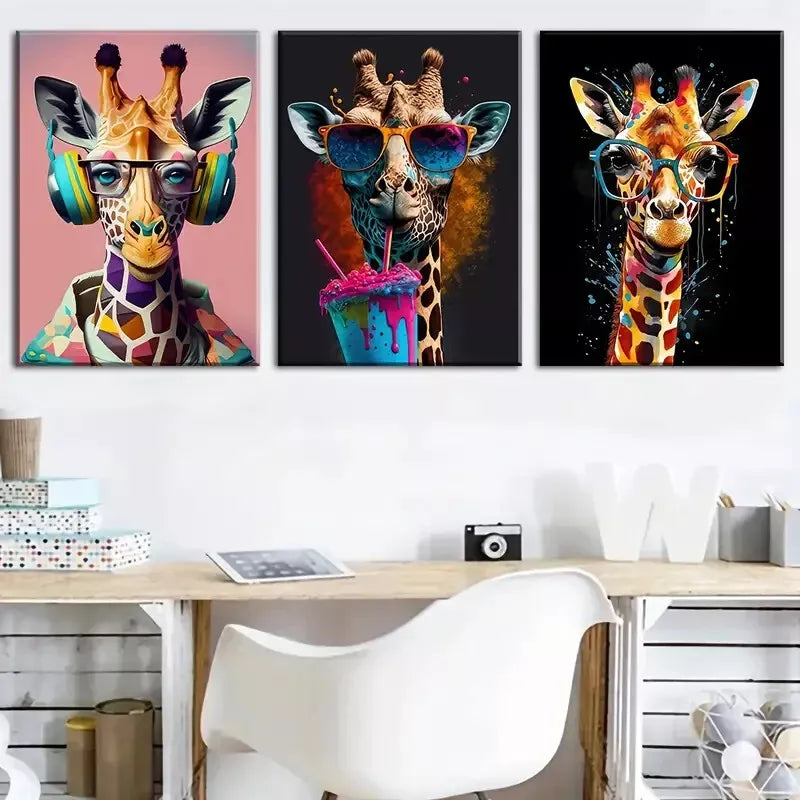 3pcs stylish giraffe - animal paintings graffiti Wall Art Set Canvas Framed 40x60cm - High Quality Print 100% Australian Made Wall Canvas Ready to Hang
