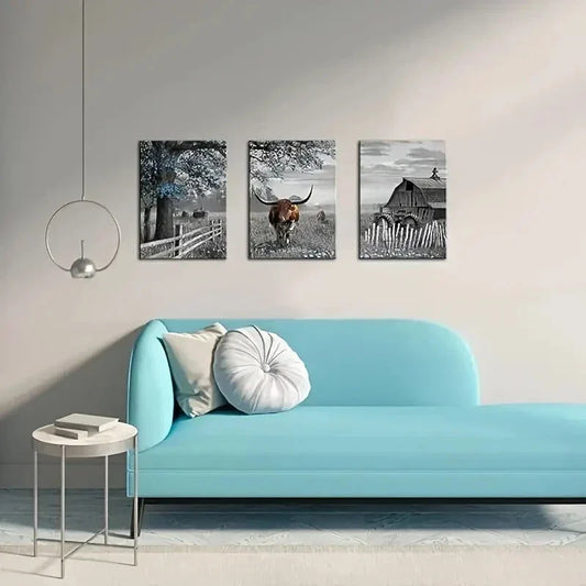 3pcs Rustic Blue Tree Brown Cow Metal Print Ready to Hang Art