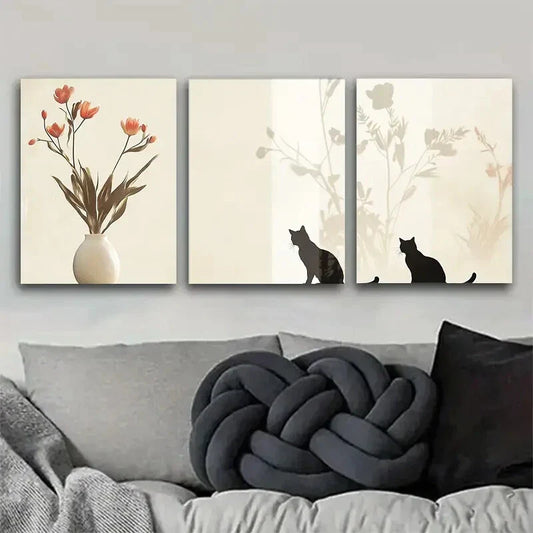 3pcs Three - Panel Cat And Flower Canvas Art Metal Print Ready to Hang Art