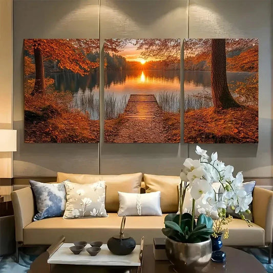 3pcs Serene land Scenery with Warm Golden Glow Metal Print Ready to Hang Art