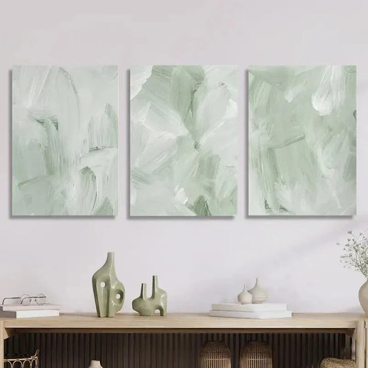 3pcs green and white abstract painting Metal Print Ready to Hang Art