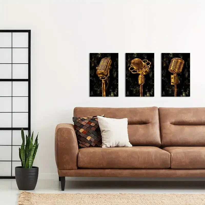 3pcs Golden Metal Microphone Metal Print Ready to Hang Art