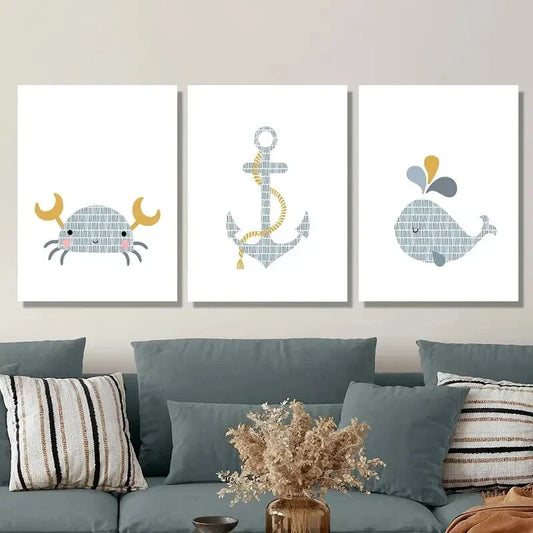 3pcs Watercolor Crab, Anchor & Whale Metal Print Ready to Hang Art