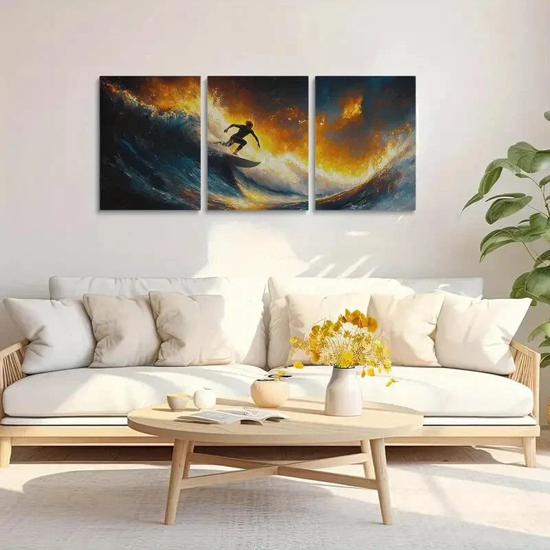 3pcs Vibrant Sunset Surf Scene Metal Print Ready to Hang Art