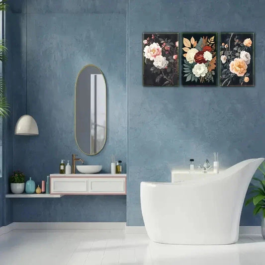 3pcs Beautiful Flowers on Black Background Floral Metal Print Ready to Hang Art