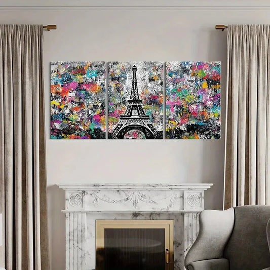 3pcs Eiffel Tower Vibrant Abstract Urban Graffiti Metal Print Ready to Hang Art