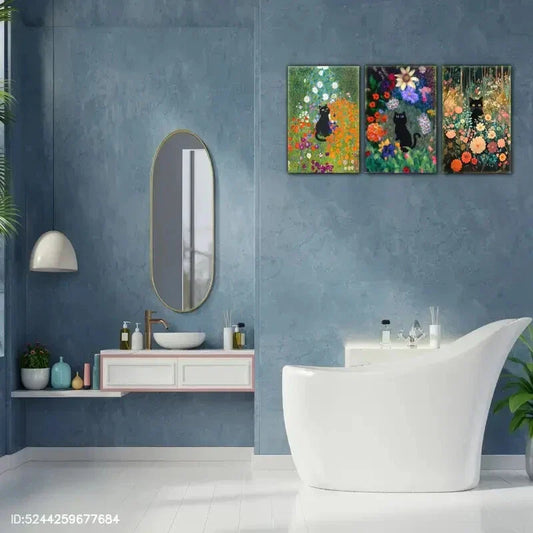 3pcs Cat and Flowers Vintage Black Cat Floral Art Metal Print Ready to Hang Art