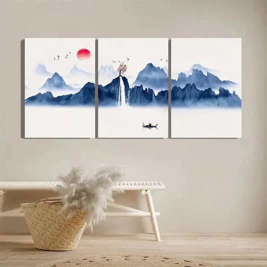 3pcs Blue Landscape Red Sun And Mountains Metal Print Ready to Hang Art